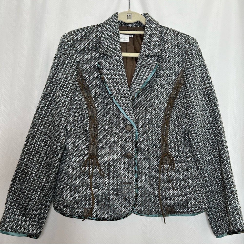 Nancy Bolen teal and brown tweed blazer